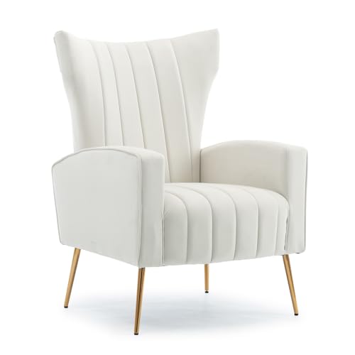 HOMEFUN Velvet Accent Chair, Upholstered Wingback Armchair Single Sofa with Metal Legs for Living Room Bedroom Office, Beige