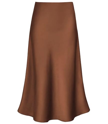 Women's Satin High Waist Ruffle Hidden Elasticized Waistband Casual A Line Midi Skirt (Brown, Large)