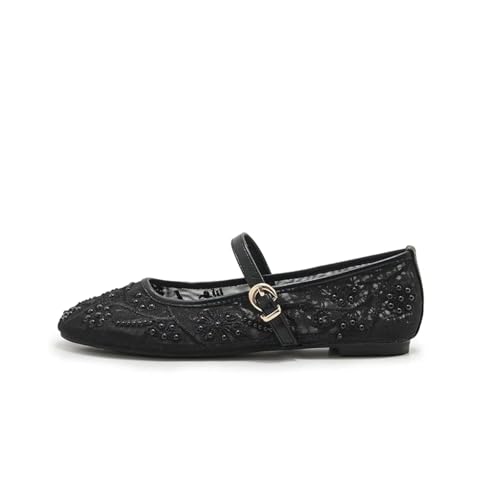 Image of Mesh Ballet Flats for Women Embroidered Floral Mary Jane Flats Round Toe Slip On Ballerina Shoes Comfortable Casual Daily Dress Flat Shoes