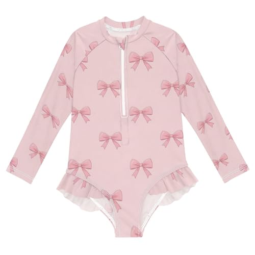 Pink Bows on Background Girls Rash Guard Swimsuits Long Sleeve One Pieces Bathing Suit UPF 50+ Zipper Swimwear