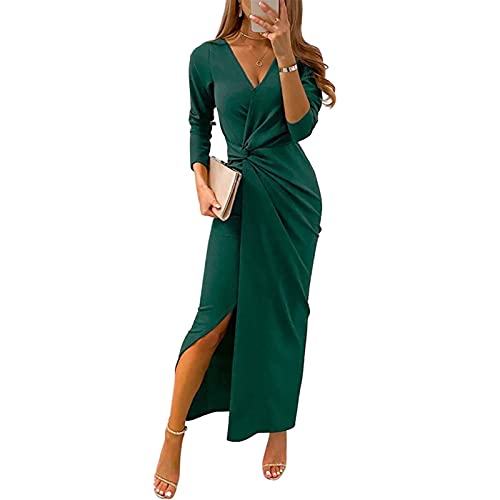 Loalirando Vestido de ceremonia para mujer, vestido elegante de mujer, vestido de manga larga, cuello en V, sexy, de cóctel, fiesta, casual, Verde, XXL