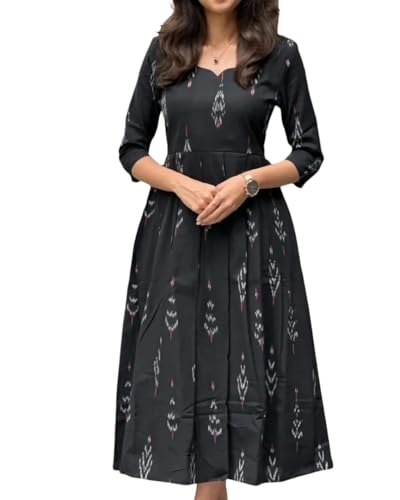 THE KAVYAHI FASHION Women's Elegant Black Ikkat Cotton Maxi Dress