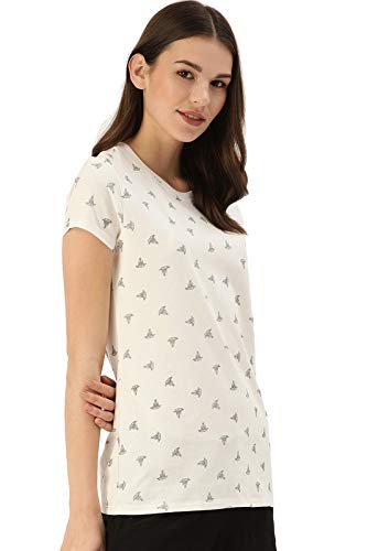 Image of Enamor Essentials Womens Slim Fit Regular Length Short Sleeve Crew Neck Comfortable and Stylish Breathable Stretch Cotton Tee - E247-(E247 Ivory Aop L)
