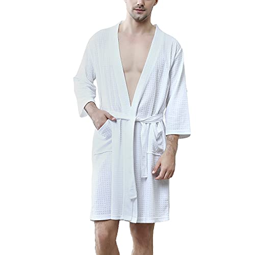 Lu's Chic Men's Waffle Kimono Robe Lightweight Spa Bathrobe Pockets Turkish Hotel Nightgown