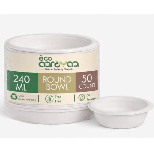 Image of Eco Aaroyaa Disposable Bagasse Bowls - 240 ML - Pack of 50 Biodegradable Disposable Bowls - Eco-Friendly Dip, Sauce, Chutney & Dessert Cups - Leak-Resistant Small Serving Bowl (Pack of 50)