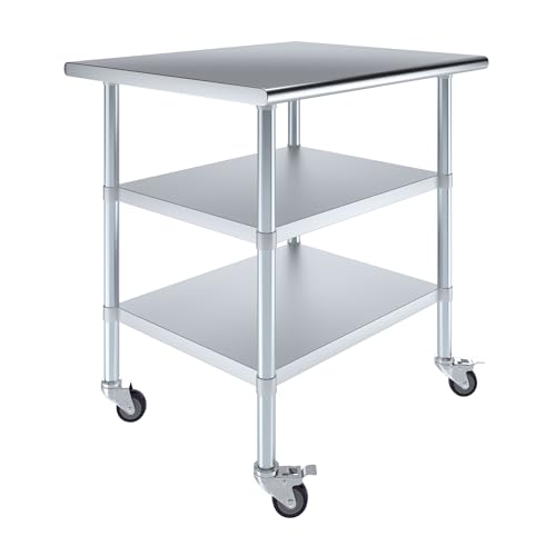 Image of AmGood Stainless Steel Work Table with 2 Shelves and Casters | Metal Utility Table On Wheels (Stainless Steel Work Table with 2 Shelves + Casters, 36 inch Long x 30 inch Deep)