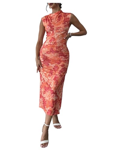 Image of BEAUDRM Women's Floral Print Midi Bodycon Dresses Split Thigh Ruched Mock Neck Fitted Tank Dress