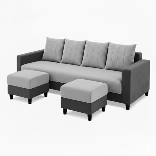 Image of Strikon Plush 6 Seater L Shape Sofa Set with 2 Movable Ottoman | Flexible Layout |Silken Velvet Suede | Designer Sofa for Living Rooms & Office Spaces (Light Grey & Dark Grey)