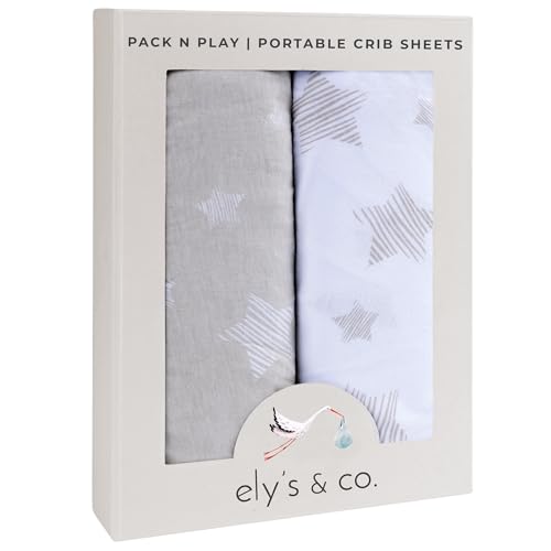 Image of Ely's & Co. Pack N Play Portable Crib Sheet Set 100% Jersey Cotton Unisex for Baby Girl and Baby Boy - Tan Drawn Star Design
