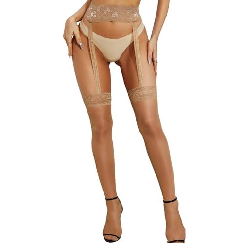 RSLOVE Stockings for Women Sheer Thigh High Sexy Pantyhose Lace Suspender Tights Garter Antiskid Silicone High Waist One Size Beige_short