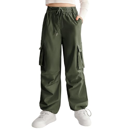 Girls Cargo Jogger Pants Parachute Pants with Elastic Waist and Pockets Cargo Trousers for Teens Girls 7-14 Years