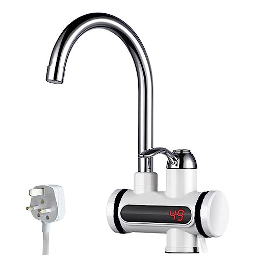 Instant Hot Water Tap, 220v 3000w Electric Hot Water Heater Tap, Stainless Steel Electric Hot and Cold Mixer Water Taps with Digital Display for Kitchen Bathroom Washroom, UK Plug