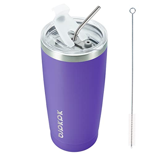 Image of BJPKPK 20oz Coffee Tumbler with Lid & Straw, Insulated Stainless Steel Mug | Double Wall Vacuum, Keeps Hot /Cold, BPA Free, Leak Proof, Iced Coffee Cup Fit Car Holder, Travel & Beach, Purple