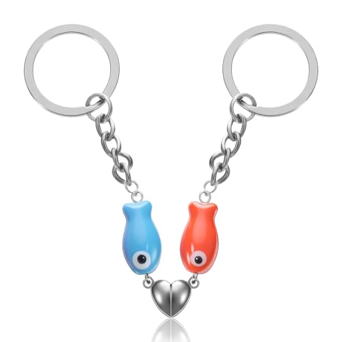 ValueBargain Matching Keychain, 2 Pcs Couple Keychains for Him and Her, Magnetic Interlocking Design for Anniversary, Wedding, Birthday (Red & Blue)