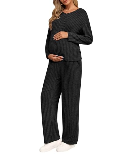 Yousify Womens Maternity Pajamas Sets 2 Piece Outfits Ribbed V Neck Long Sleeve Knit Tops Pants Pregnancy Loungewear