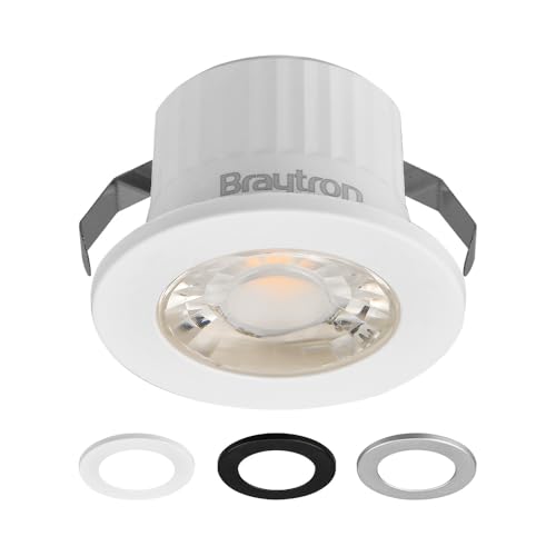 Braytron Foco LED empotrable de 3 W, diámetro de 44 mm, 210 lm, blanco cálido, 3000 K, IP54, 230 V, sin transformador, incluye embellecedores, color blanco/negro/plata, para baño, cocina y muebles