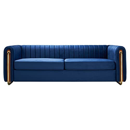 Image of KEIKI 84 inch Velvet Deep Channel Tufted Sofa with Back Cushions and Rolled Arms, Modern Style 3-Seater Couch with Golden Polished Steel Legs, Easy Assembly, for Living Room, Bedroom, Office, Blue