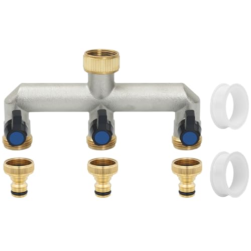 Votoko Distributore di Acqua a 3 Vie per Rubinetto, Adattatore per Rubinetto a 3/4 da Giardino, Adattatore per Tubo a 3 Vie in Ottone, Adattatore Rubinetto per Casa Giardino All'aperto