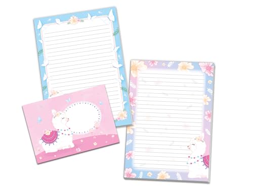 Set de cartas rosa con dibujos de llamas para niñas que buscan colorear y escribir