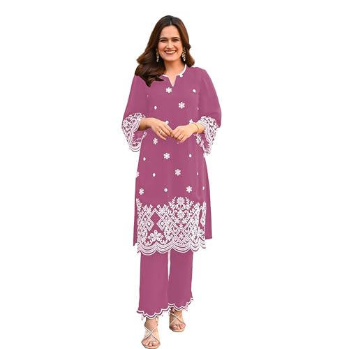 Image of BHARVITA Women's Cotton Lucknowi Embroidered Chikankari Work Straight Kurta with Pant Set for Every Occasion