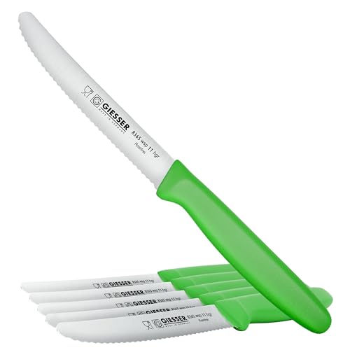 Giesser since 1776, Made in Germany, light green serrated Utility kitchen knives round tip dishwasher safe 4.5 inch - paring knife, Tomato knife, Steak knives set of 6, restaurant knife