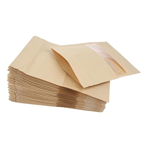 100枚 窓付きジップ袋 チャック袋 クラフト紙袋 食品収納袋 密閉袋 角底袋 保存 包装 12x20cm