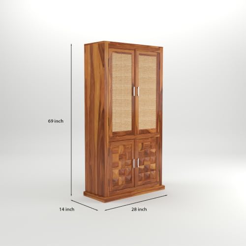Image of Solid Sheesham Wood Almirah with Cane Doors & Geometric Carved Panels | 4 Door Wooden Wardrobe for Bedroom