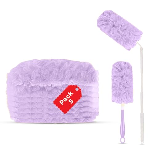 Image of Disposable Microfiber Feather Duster for Home Cleaning with 5 Refills-1 Short+1 Long Handle-Multipurpose Dusting Brush with Bendable Head Ideal for Cleaning AC Vents Car Blinds Furniture