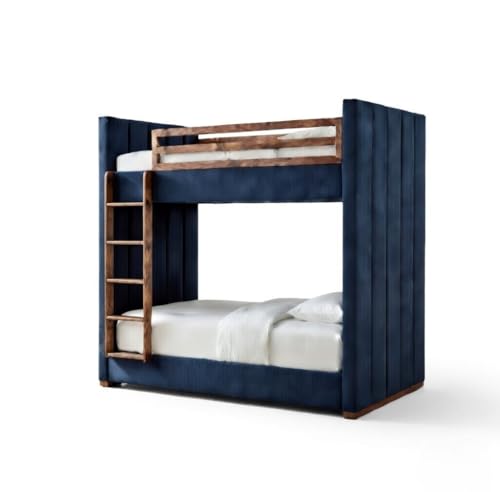 Image of STRATA FURNITURE Solid Wood Velvet Upholstered Bunk Bed with Ladder | Wooden Twin Over Double Bed for Bedroom Living Room and Home (Blue)
