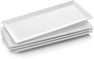 DOWAN Large Rectangular Serving Platters - 36.8 cm/14.5 in Rectangle Serving Plates, Porcelain Platters Set of 4, White Serving Dishes for Meat, Appetizers, Dessert, Sushi, Party, Dinner Plates White