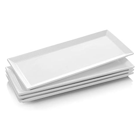 DOWAN Large Rectangular Serving Platters - 36.8 cm (14.5″) Rectangle Serving Plates Porcelain Platters White Serving Dishes Dinner Plates for Meat, Appetizers, Dessert, Sushi, Party, Set of 4, White Cover