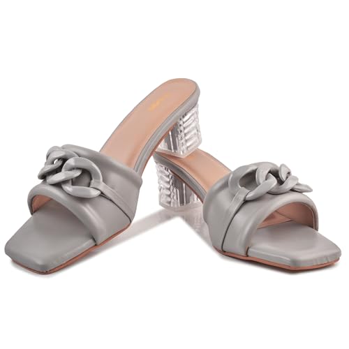 Image of Women's Slip On-On Heeled Sandals with Transparent Block Heels & Decorative Chain Strap Signora103| Fashionable Summer Slides Trendy Chain Strap Signora103
