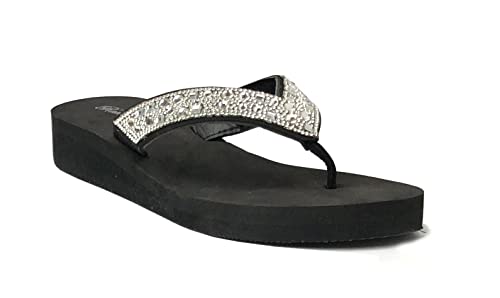 REDVOLUTION New Women's Rhinestone Sandals High | Low Platform T-Strap Jewel Sandals High Wedge Flip Flops3