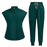 Meichoon uniformes médicos para mujer con cuello alzado y pantalón de yoga con cordón ajustable, absorbe el sudor y de secado rápido DK55Verde oscuro XXL