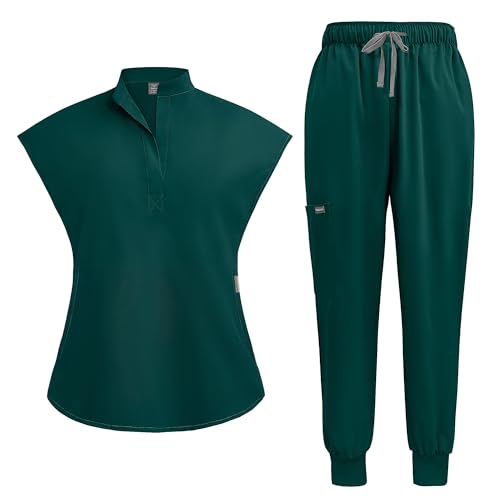 Meichoon Conjunto médico e de enfermagem de manga curta para mulher top elástico de gola alta com 2 bolsos laterais calças de ioga cónicas macias e resistentes a rugas DK55, Verde escuro, XL