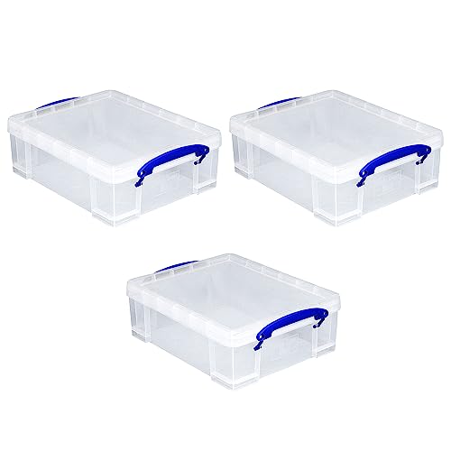 Image of Really Useful Box Stackable 8.1 Liter Plastic Storage Container Bin with Snap Lid & Built-in Clip Lock Handles for Home & Office Organization (3 Pack)