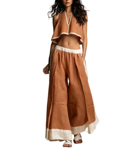 Conjunto de verano casual de dos piezas con top de cuello V y pantalón ancho de tiro alto