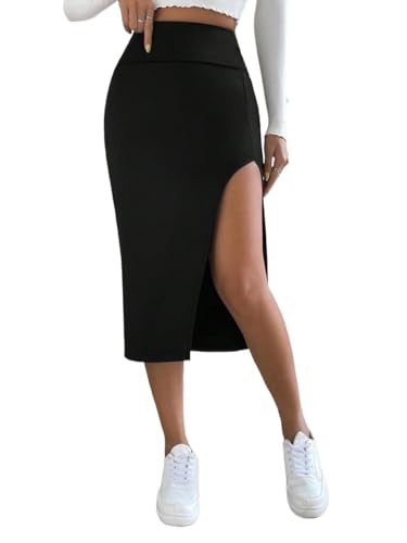 Women's Fashion Trendy Skirt Solid High Waist Slit Midi Skirt Elegant