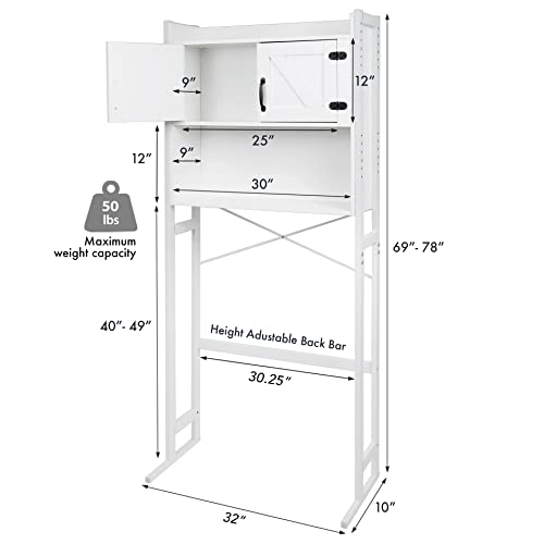 Over The Washer or Over The Toilet Storage Cabinet w/Height Adjustable Shelf Laundry Room/Bathroom Organizer Rack, 2-Door Freestanding Rack Space Saver, White