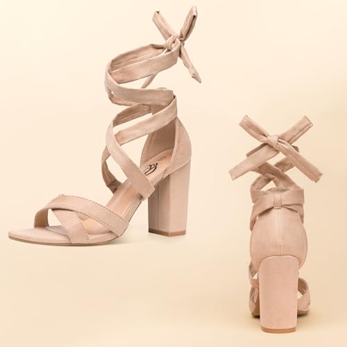 Trary Black Lace Up Pink Nude Heels: Women's Strappy Comfortable High Platform Sandals, Chunky 3 Inch2