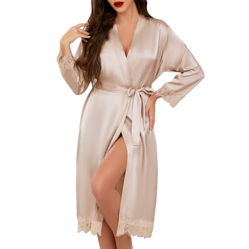 Lovasy Womens Satin Dressing Gowns Long Lace Trim Ladies Kimono Morning Robes Silk Bride/Bridesmaid Robe Soft Wedding Party Sleepwear