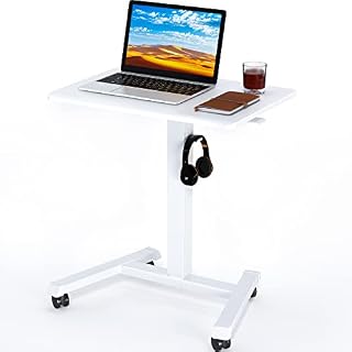 BONTEC 65 × 45cm Mobile Standing Desk with 4 Rolling Castors, Stand Up Desk on Wheels, Height Adjustable Standing Desk, Over-bed Table for Living Room, Bedroom, Medical(White)
