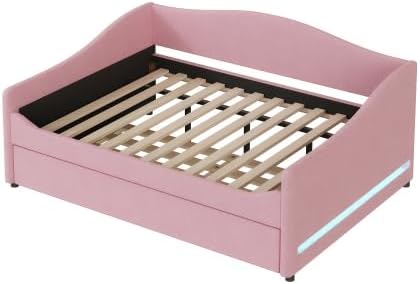 Miniatura 16 de MERITLINE Sofá cama tapizado de tamaño individual con nido y LED, marco de cama de día de forro polar con listones de madera maciza, sofá cama