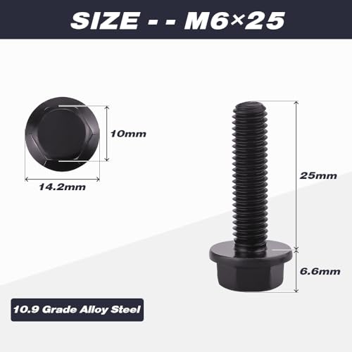 Image of M6-1.0 x 25mm (25 pcs) Flanged Hex Bolt Screws Black Oxide Finish, 10.9 Grade Alloy Steel, Large Flange Washer Head Bolt, DIN6921 /GB5789, Full Thread