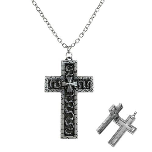 LUDKCCIR 3D Printed Vintage Cross Necklace with Secret Compartment Handmade Character Pendant Jewelry for Men & Women Unisex Cosplay Gift Idea 23.62 IN Silver