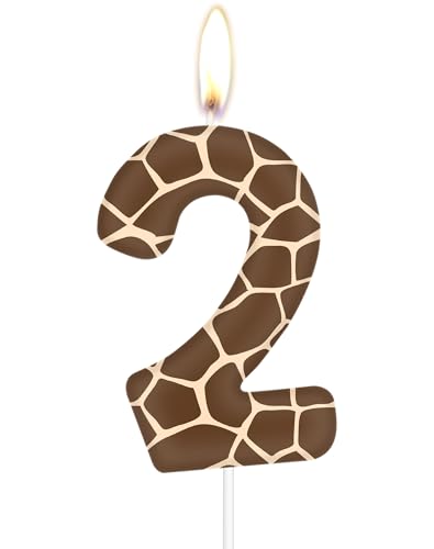 Velas de cumpleaños de jirafa, 2 velas de cumpleaños de jirafa, vela marrón número 2 para pasteles, decoraciones de pastel de jirafa, temática de animales de la selva para decoración de fiesta de