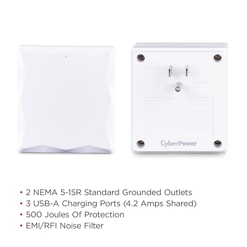 Image of CyberPower P2WU Professional Surge Protector, 500J /125V, 2 Outlets, 3 USB Charge Ports, Wall Tap Design, White
