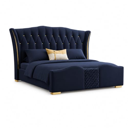 Image of Upholstered King Size Bed with Box Storage for Bedroom | Wooden Double Bed with Wooden Ply with Storage | Platform Cot Palang with Headboard | 6.5 x 6 Ft | Sheesham Wood | Navy Blue