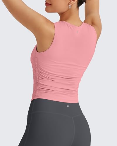 Image of G4Free Skimetic Workout Tank Tops for Women Side Ruched Sleeveless High Neck Crop Top Summer Athletic Gym Shirts