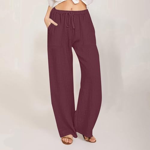 Linen Pants Women Summer Drawstring Waist Wide Leg Loose Cotton Linen Palazzo Pants Vacation Beach Pants with Pockets2